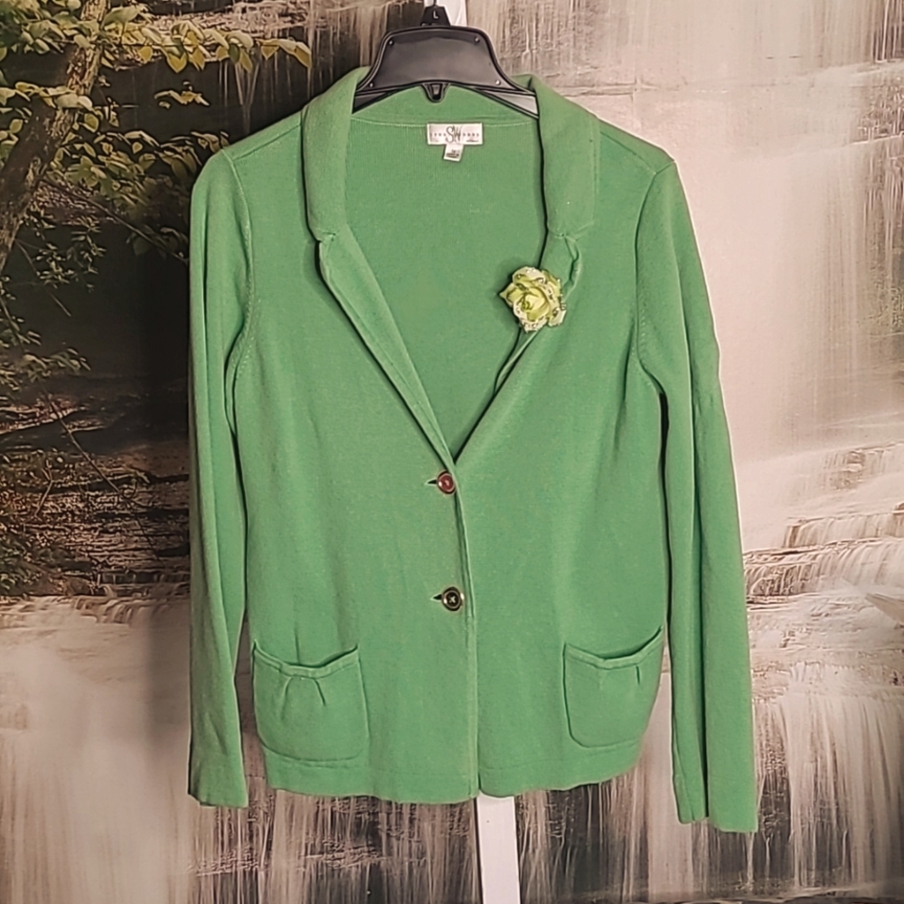 Studio Works Womens 1X green button up floral embellishment cardigan sweater